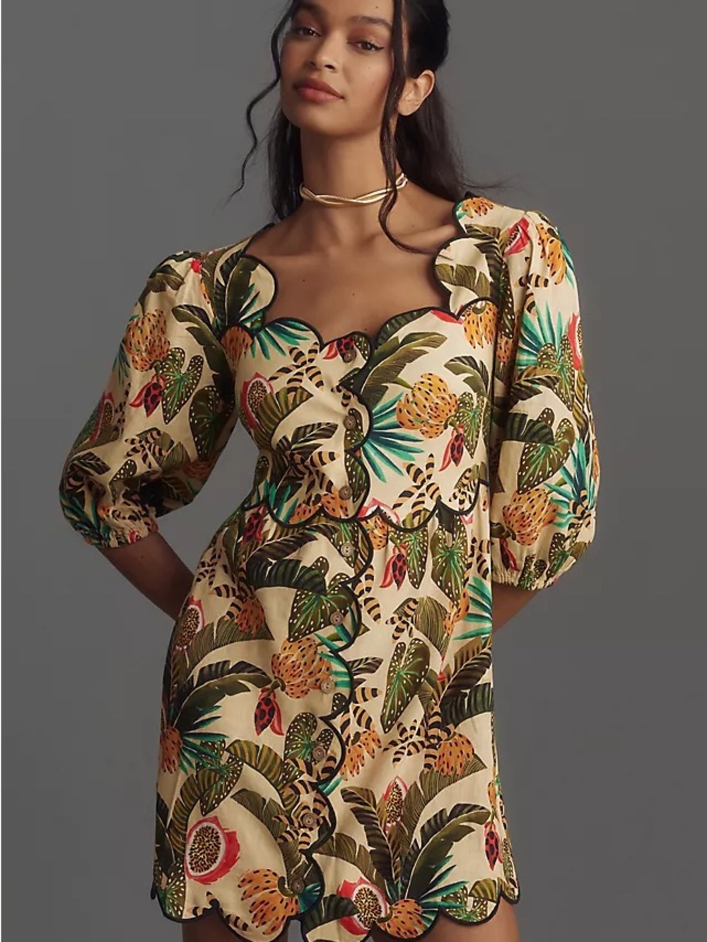 Farm Rio x Anthropologie Square-Neck Scallop-Trim Mini Dress Size X-Small Petite